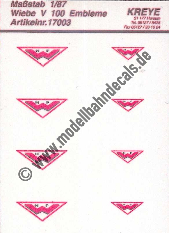 "Kunststofffolie: Wiebe Embleme aus Kunststoff (Auslaufartikel - kann nicht neu produziert werden, Alternativ als Aufkleber - siehe Artikel 5891 oder als Decals - siehe Artikel 5892). Artikel-Nummer: 5890"