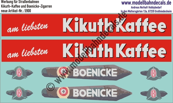 Nass-Schiebebilder: Werbung für Strassenbahn/Bus: Kikuth-Kaffee und Bönicke Zigarren (Strassenbahnen aus Remscheid und Wuppertal); Spieth-Bogen 6090. Artikel-Nummer: 5900