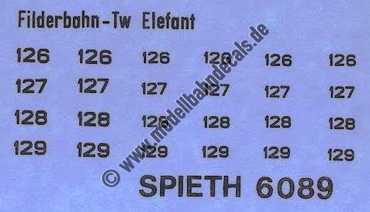 "Nass-Schiebebilder: Nummern für Strassenbahnen Schwarz auf Klar, 126-129 in verschiedenen Größen von Modellbahn-Spieth (dort Nr. 6089). Artikel-Nummer: 5903"