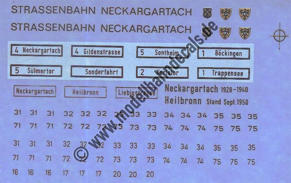 "Nass-Schiebebilder: Nummern, Zielanzeigen, Wagennummern, Wappen für Strassenbahn Heilbronn - Neckargartach vermutlich von Modellbahn-Spieth . Artikel-Nummer: 5904"