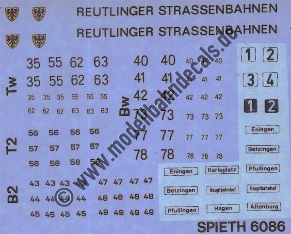 "Nass-Schiebebilder: Nummern, Zielanzeigen, Wagennummern, Wappen für Reutlinger Strassenbahn (von Modellbahn-Spieth, dort Nr. 6086). Artikel-Nummer: 5905"