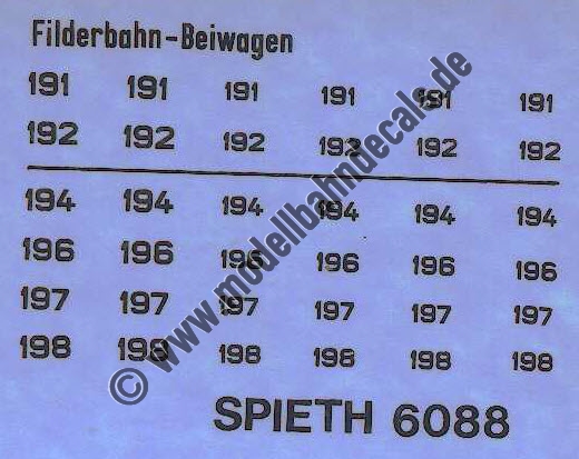 "Nass-Schiebebilder: Nummern für Filderbahn-Beiwagen (191, 192, 194, 196-198) Schwarz auf Klar für Strassenbahn (von Modellbahn-Spieth, dort Nr. 6088). Artikel-Nummer: 5906"