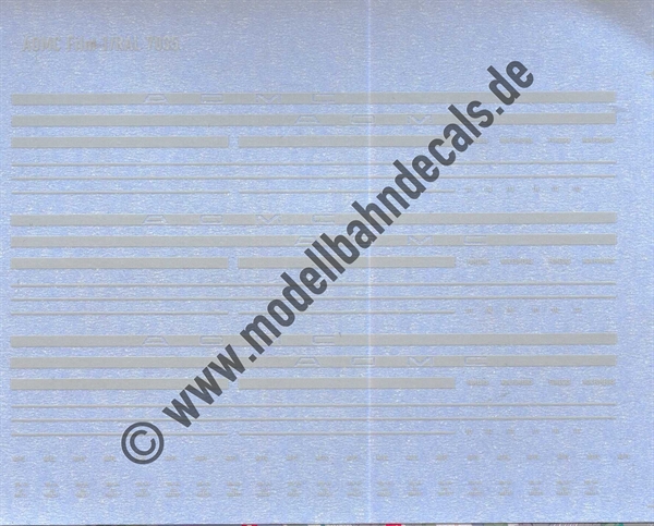 Nass-Schiebebilder: AOMC (Chemin de fer Aigle - Ollon - Monthey - Champery) Wagennummern, Zierstreifen, Anschriften, Hellgrau auf Klar. Artikel-Nummer: 5908