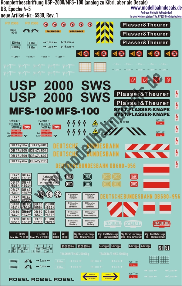 "Nass-Schiebebilder: Komplettbeschriftung USP-2000/MFS-100 (analog zu Kibri, aber als Decals). Artikel-Nummer: 5930"