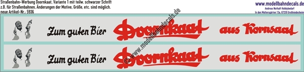 Nass-Schiebebilder: Werbung für Strassenbahn/Bus: Doornkaat. Änderungen Aufbau und Größen sind möglich! Variante 1 mit teilw. schwarzer Schrift. Artikel-Nummer: 5936
