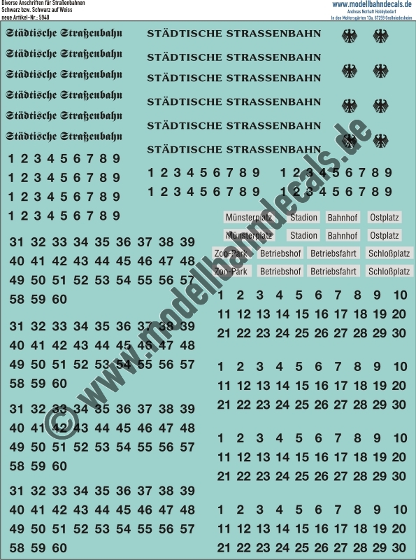 Nass-Schiebebilder: Diverse Anschriften für Strassenbahnen Schwarz/Weiss. Artikel-Nummer: 5940