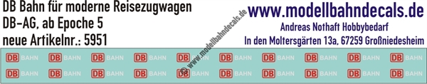 Nass-Schiebebilder: DB Bahn extraklein für moderne Reisezugwagen (20 Stück) mit weissen Bahn-Schriftzug. Artikel-Nummer: 5951