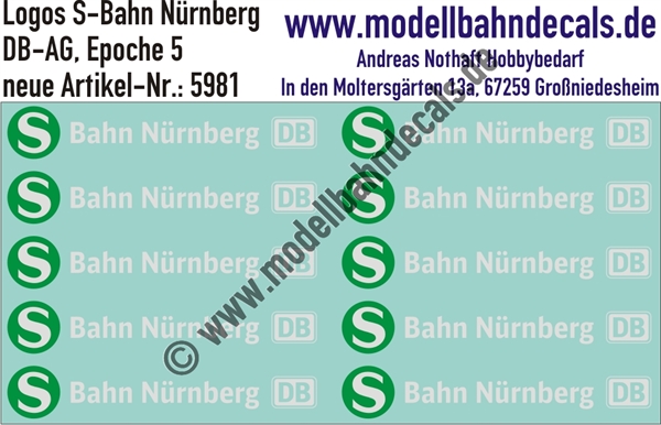 Nass-Schiebebilder: Logos S-Bahn Nürnberg. Artikel-Nummer: 5981