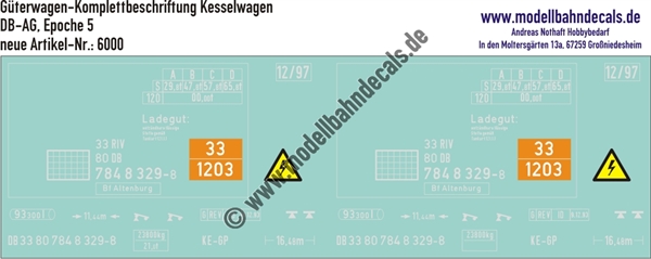 "Nass-Schiebebilder: Güterwagen-Komplettbeschriftung DB-AG, Kesselwagen; 10 verschiedene Wagennummern vorrätig/ohne Aufpreis möglich!. Artikel-Nummer: 6000"