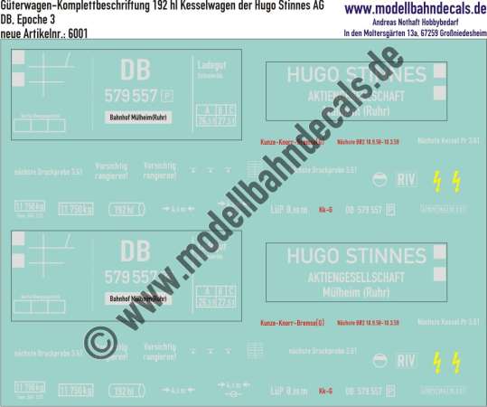 Nass-Schiebebilder: Güterwagen-Komplettbeschriftung 192 hl Kesselwagen der Hugo Stinnes AG eingestellt bei der DB, Epoche 3, Artikel-Nummer: 6001