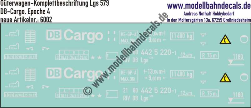 Nass-Schiebebilder: Güterwagen-Komplettbeschriftung Lgs 579, DB-Cargo, Epoche 4. Artikel-Nummer: 6002
