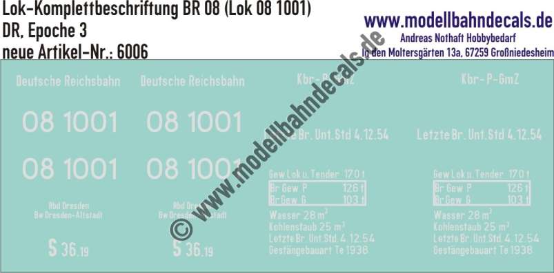 Nass-Schiebebilder: Lok-Komplettbeschriftung BR 08 (Lok 08 1001) - DR Epoche 3. Artikel-Nummer: 6006