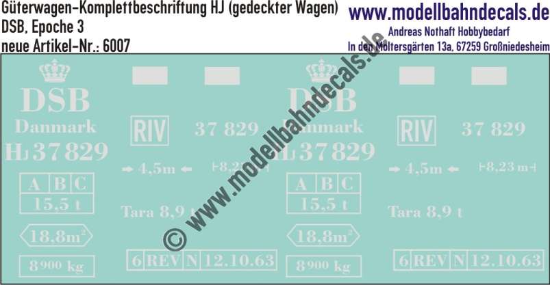 Nass-Schiebebilder: Güterwagen-Komplettbeschriftung Hj (gedeckter Wagen) DSB, Epoche 3. Artikel-Nummer: 6007