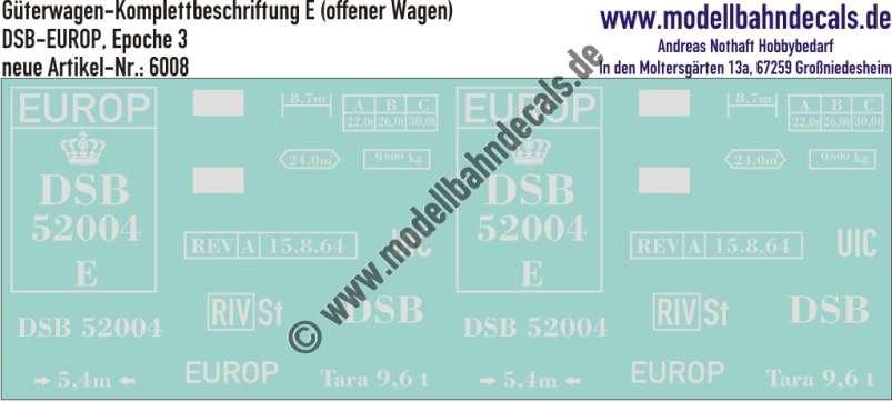 Nass-Schiebebilder: Güterwagen-Komplettbeschriftung E (offener Wagen) DSB-EUROP, Epoche 3. Artikel-Nummer: 6008