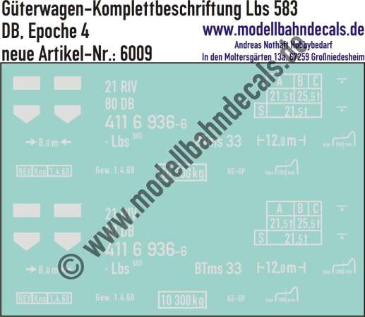 Nass-Schiebebilder: Güterwagen-Komplettbeschriftung Lbs 583 DB, Epoche 4. Artikel-Nummer: 6009