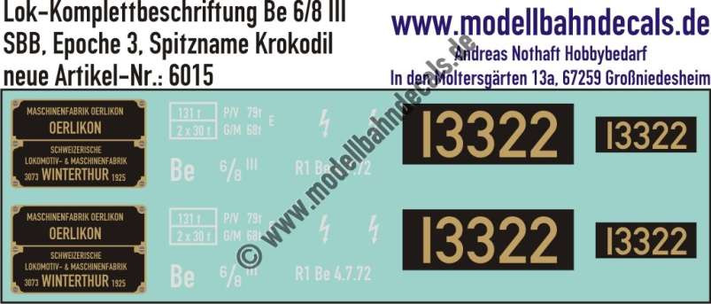 Nass-Schiebebilder: Lok Komplettbeschriftung Be 6/8 III (Krokodil), SBB, Epoche 3, Artikel-Nummer: 6015