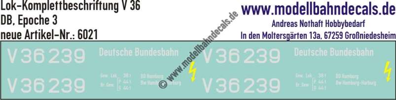 Nass-Schiebebilder: Lok-Komplettbeschriftung V 36, DB, Epoche 3. Artikel-Nummer: 6021
