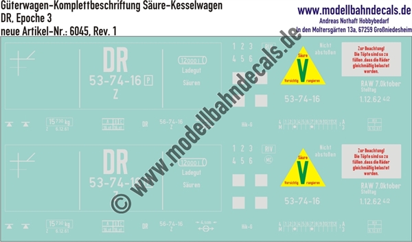 "Nass-Schiebebilder: Güterwagen-Komplettbeschriftung DR, Säure-Kesselwagen Z; 10 verschiedene Wagennummern vorrätig/ohne Aufpreis möglich!. Artikel-Nummer: 6045"