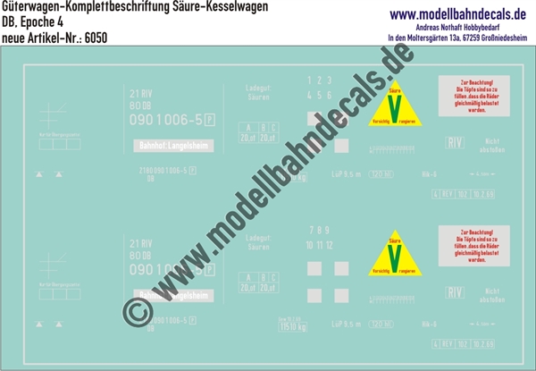 "Nass-Schiebebilder: Güterwagen-Komplettbeschriftung [P] DB, Säure-Kesselwagen; 10 verschiedene Wagennummern vorrätig/ohne Aufpreis möglich!. Artikel-Nummer: 6050"