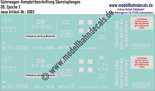 "Nass-Schiebebilder: Güterwagen-Komplettbeschriftung [P] DB, Säure-Kesselwagen Chemische Fabrik Gunter, Schroeder & Co, Hamburg; 10 verschiedene Wagennummern vorrätig/ohne Aufpreis möglich!. Artikel-Nummer: 6065"