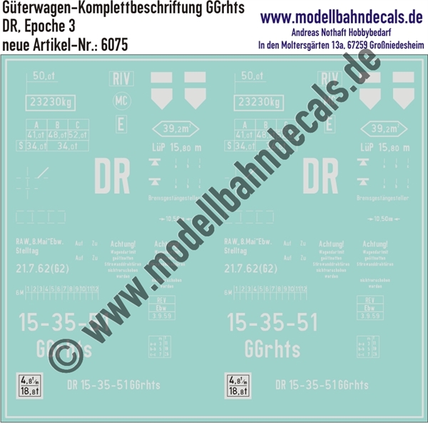 "Nass-Schiebebilder: Güterwagen-Komplettbeschriftung DR, GGrths, 10 verschiedene Wagennummern vorrätig/ohne Aufpreis möglich!. Artikel-Nummer: 6075"