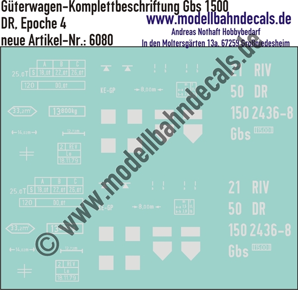 "Nass-Schiebebilder: Güterwagen-Komplettbeschriftung DR, Gbs 1500; 10 verschiedene Wagennummern vorrätig/ohne Aufpreis möglich!. Artikel-Nummer: 6080"