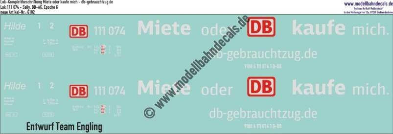 Nass-Schiebebilder: Lok-Komplettbeschriftung Miete oder Kaufe mich - DB Lok 111 074 - Taufname Hilde, Epoche 6. Artikel-Nummer: 6102