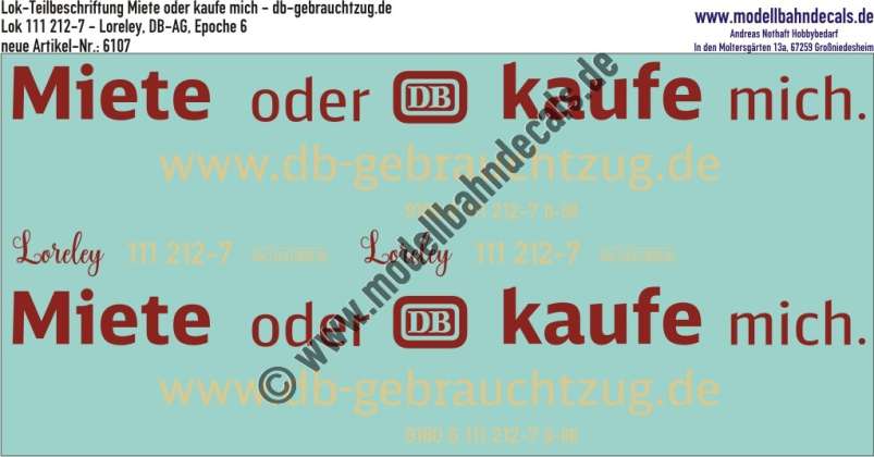Nass-Schiebebilder: Lok-Teilbeschriftung Miete oder Kaufe mich - DB Lok 111 212-7 (Loreley), Epoche 6. Artikel-Nummer: 6107