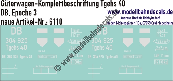 "Nass-Schiebebilder: Güterwagen-Komplettbeschriftung Tgehs 40, DB, Epoche 3. Artikel-Nummer: 6110"