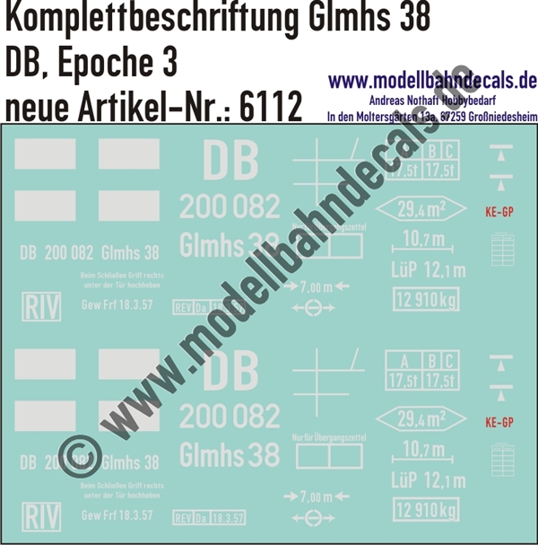 "Nass-Schiebebilder: Güterwagen-Komplettbeschriftung Glmhs 38, DB, Epoche 3. Artikel-Nummer: 6112"