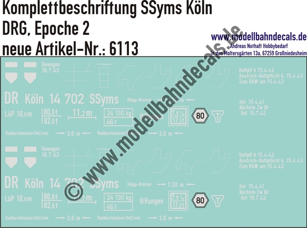 "Nass-Schiebebilder: Güterwagen-Komplettbeschriftung SSyms Köln, DRG, Epoche 2. Artikel-Nummer: 6113"