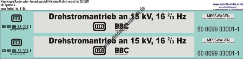 Nass-Schiebebilder: Messwagen Bundesbahn-Versuchsanstalt München Drehstromantrieb DE 2500, DB, Epoche 4, Artikel-Nummer: 6114