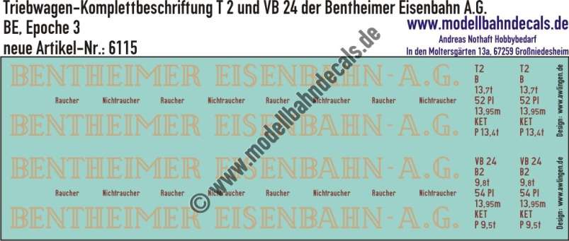 Nass-Schiebebilder: Triebwagen-Komplettbeschriftung T 2 und VB 24 der Bentheimer Eisenbahn A.G., BE, Epoche 3; Artikel-Nummer: 6115
