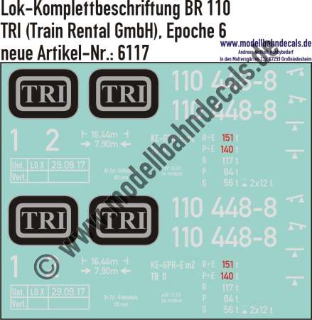 Nass-Schiebebilder: Lok-Komplettbeschriftung BR 110, TRI, Epoche 6, Artikel-Nummer: 6117