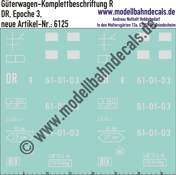 "Nass-Schiebebilder: Güterwagen-Komplettbeschriftung DR, R; 10 verschiedene Wagennummern vorrätig/ohne Aufpreis möglich!. Artikel-Nummer: 6125"