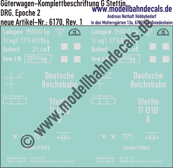 "Nass-Schiebebilder: Güterwagen-Komplettbeschriftung DRG, G Stettin; 10 verschiedene Wagennummern vorrätig/ohne Aufpreis möglich!. Artikel-Nummer: 6170"