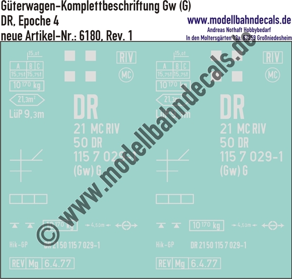 "Nass-Schiebebilder: Güterwagen-Komplettbeschriftung DR, (Gw)G; 10 verschiedene Wagennummern vorrätig/ohne Aufpreis möglich!. Artikel-Nummer: 6180"