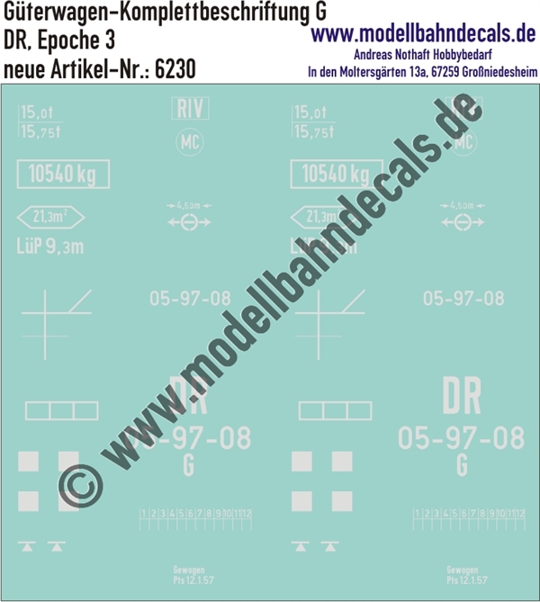 "Nass-Schiebebilder: Güterwagen-Komplettbeschriftung DR, G (05-xx-xx); 10 verschiedene Wagennummern vorrätig/ohne Aufpreis möglich!. Artikel-Nummer: 6230"