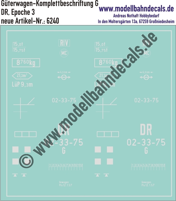"Nass-Schiebebilder: Güterwagen-Komplettbeschriftung DR, G (02-xx-xx); 10 verschiedene Wagennummern vorrätig/ohne Aufpreis möglich!. Artikel-Nummer: 6240"