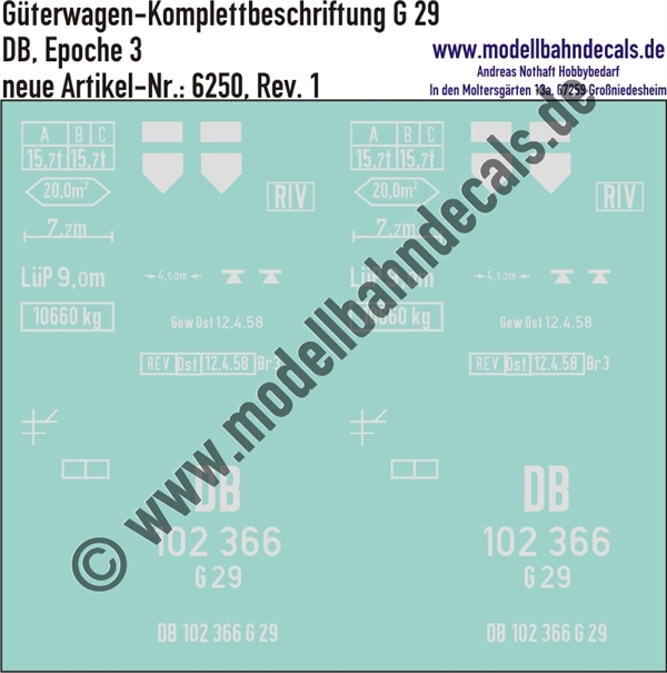 "Nass-Schiebebilder: Güterwagen-Komplettbeschriftung DB, G 29; 10 verschiedene Wagennummern vorrätig/ohne Aufpreis möglich!. Artikel-Nummer: 6250"