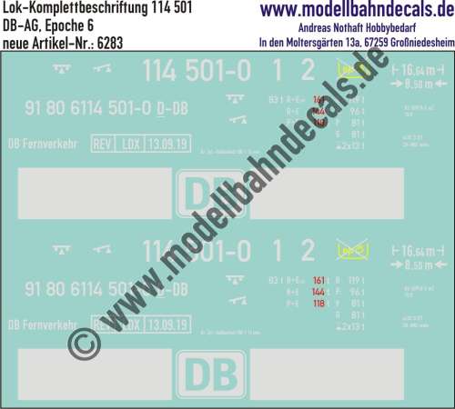 Nass-Schiebebilder: Lok-Komplettbeschriftung 114 501, DB-AG, Epoche 6. Artikel-Nummer: 6283