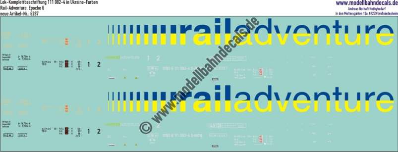 Nass-Schiebebilder: Lok-Komplettbeschriftung 111 082-4, Rail-adventure, Epoche 6 (mit Logo in Ukraine-Farben). Artikel-Nummer: 6287