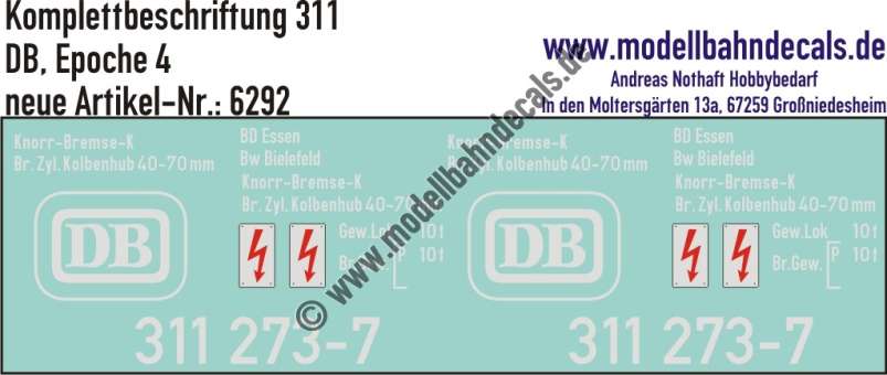 Nass-Schiebebilder: Lok-Komplettbeschriftung BR 311 - DB Epoche 4. Artikel-Nummer: 6292