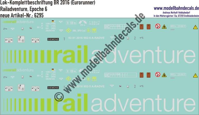Nass-Schiebebilder: Komplettbeschriftung Baureihe 2016 Railadventure, Epoche 6. Artikel-Nummer: 6295