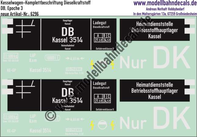 Nass-Schiebebilder: Kesselwagen-Komplettbeschriftung für Dieselkraftstoff, Kassel; DB, Epoche 3. Artikel-Nummer: 6296