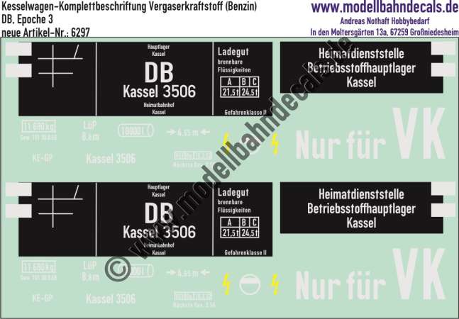 Nass-Schiebebilder: Kesselwagen-Komplettbeschriftung für Vergaserkraftstoff, Kassel; DB, Epoche 3. Artikel-Nummer: 6297