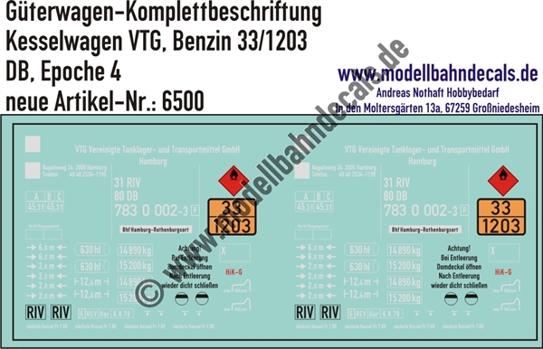 "Nass-Schiebebilder: Güterwagen-Komplettbeschriftung Kesselwagen VTG, Ladegut Benzin (33/1203), DB, Epoche 4. Artikel-Nummer: 6500"