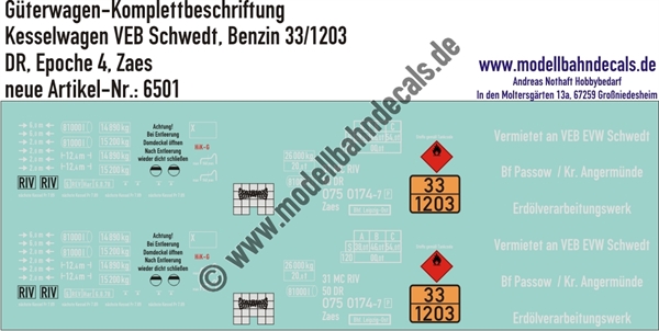 "Nass-Schiebebilder: Güterwagen-Komplettbeschriftung Kesselwagen Zaes, VEB Schwedt, Ladegut Benzin (33/1203), DR, Epoche 4. Artikel-Nummer: 6501"