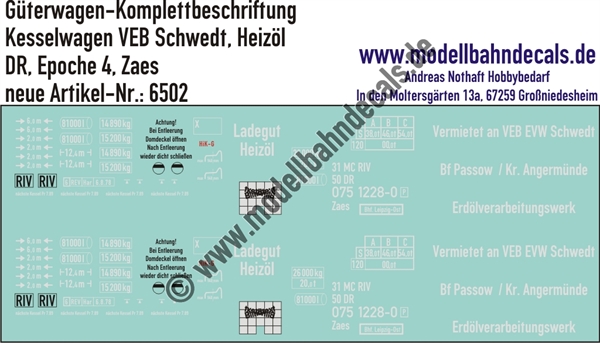 "Nass-Schiebebilder: Güterwagen-Komplettbeschriftung Kesselwagen Zaes, VEB Schwedt, DR, Epoche 4. Artikel-Nummer: 6502"