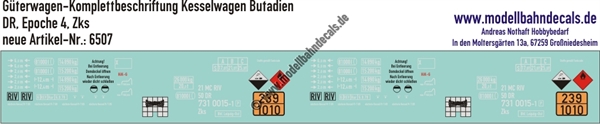 "Nass-Schiebebilder: Güterwagen-Komplettbeschriftung Kesselwagen Zks, Ladegut Butadien, DR, Epoche 4. Artikel-Nummer: 6507"